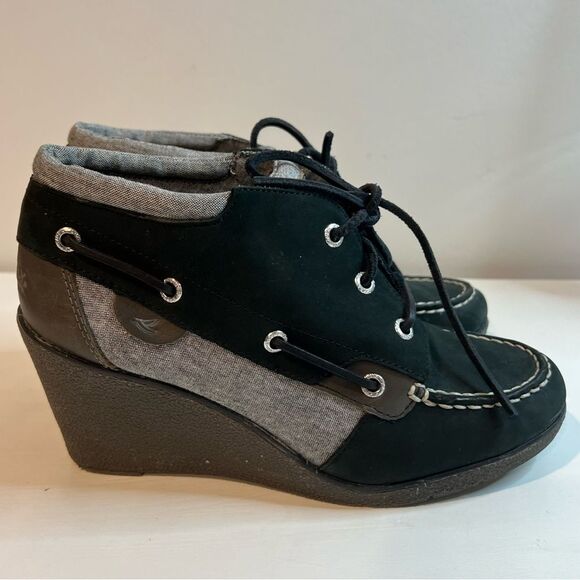 Sperry Top Slider Hadley Wedge booties Black Grey Suede wedges SZ 9 - Picture 2 of 10